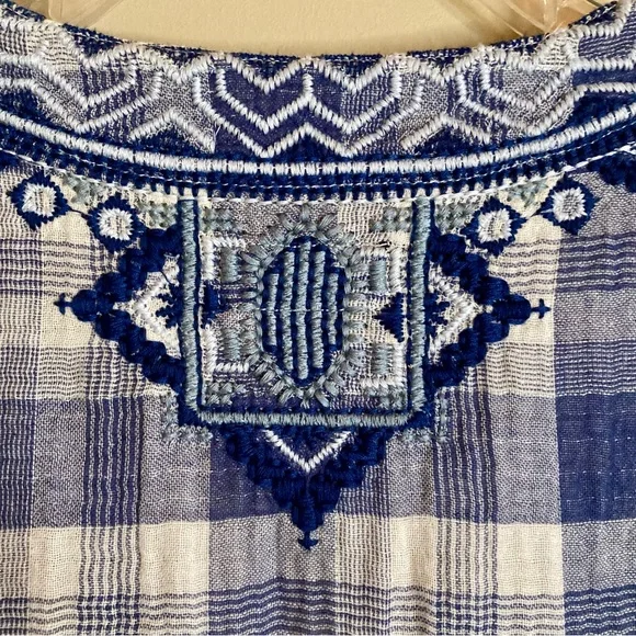 Johnny Was Simonee Flare Sleeve Blouse Plaid Geometric Embroidery Blue Size XS